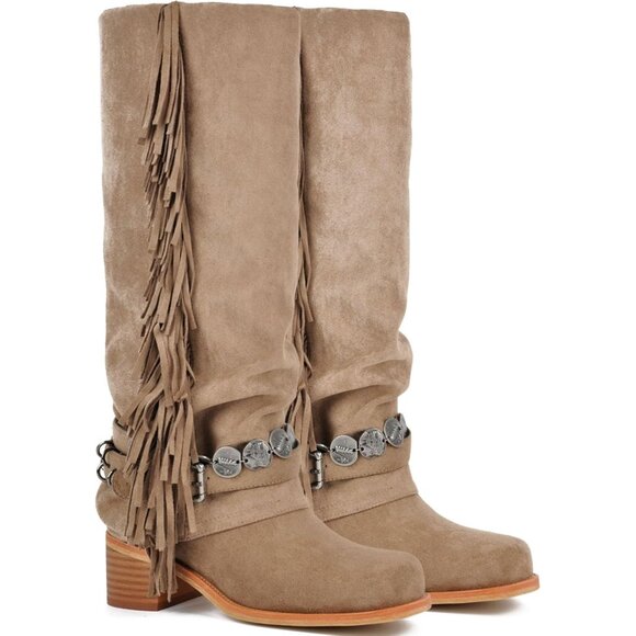 ⚡Women's Sandy Brown Knee High Riding Boots Fringes Buckle Straps Chunky Heel - Picture 1 of 6